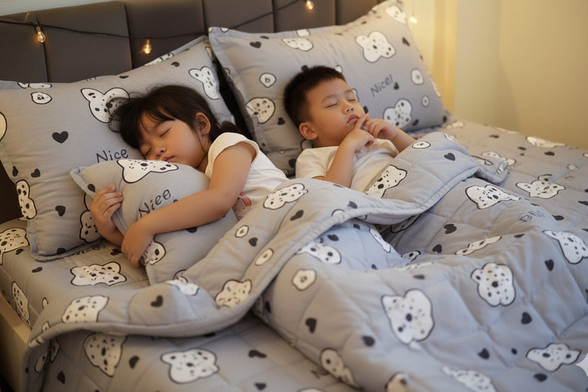 Mẫu chăn ga poly xám cho bé trai.