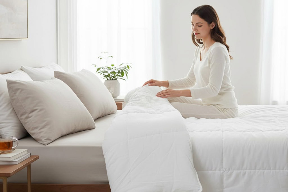 Khách hàng hài lòng trải nghiệm nằm thử độ êm bồng bềnh của ruột chăn lông vũ nhân tạo trên giường ngủ.