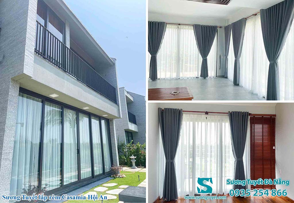 Lắp rèm gỗ và rèm vải khi resort Casamia Hội An.