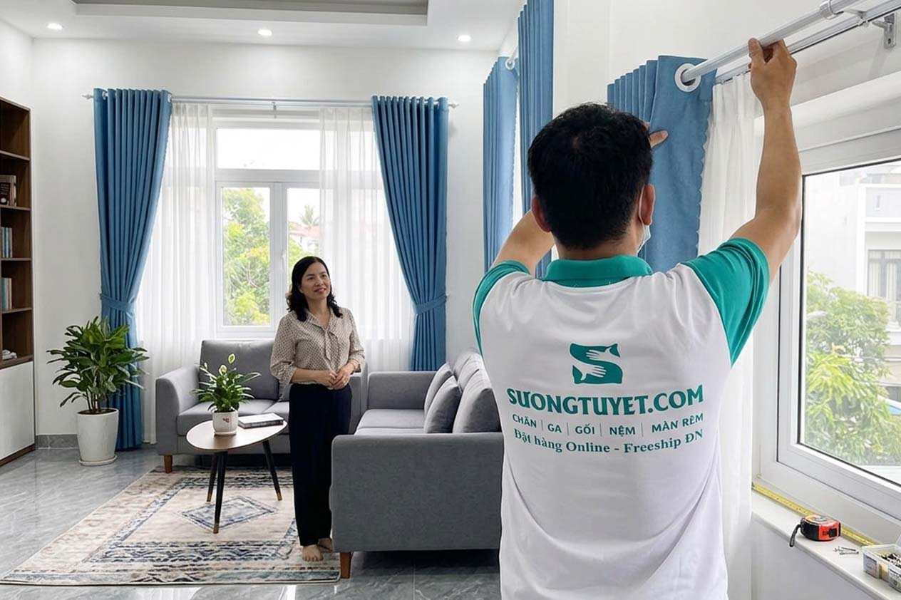 Đội ngũ Sương Tuyết bàn giao giải pháp rèm cửa 2 lớp để chắn nắng.