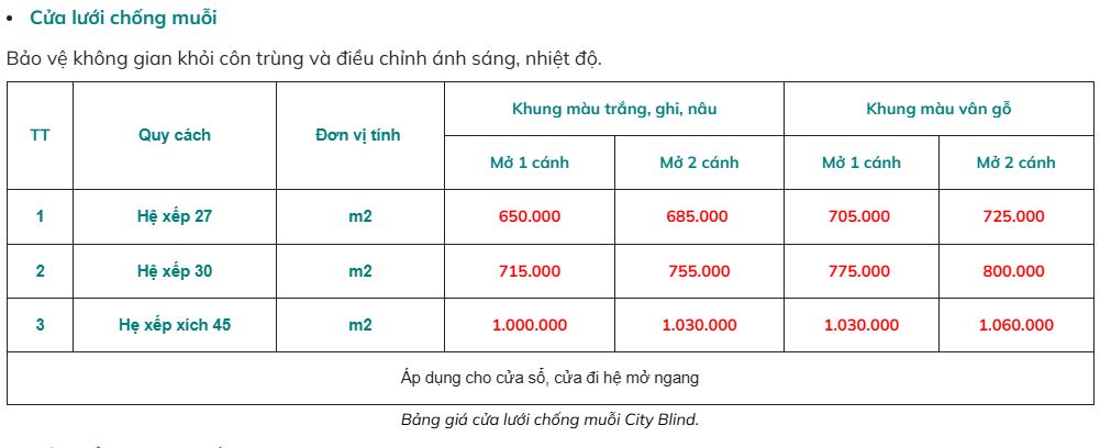 Bảng giá cửa lưới chống muỗi hiện nay tại Sương Tuyết.
