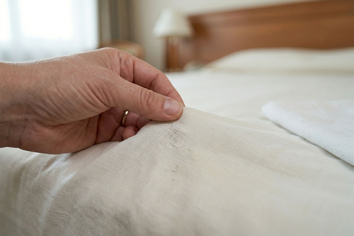 Kiểm tra độ mòn và độ mỏng của bề mặt vải ga giường bằng tay.