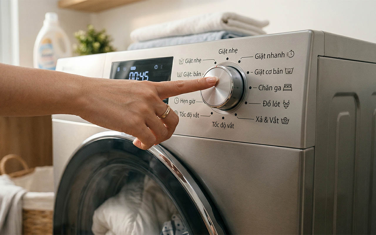 Vặn nút giặt cho đúng chất liệu chăn ga.
