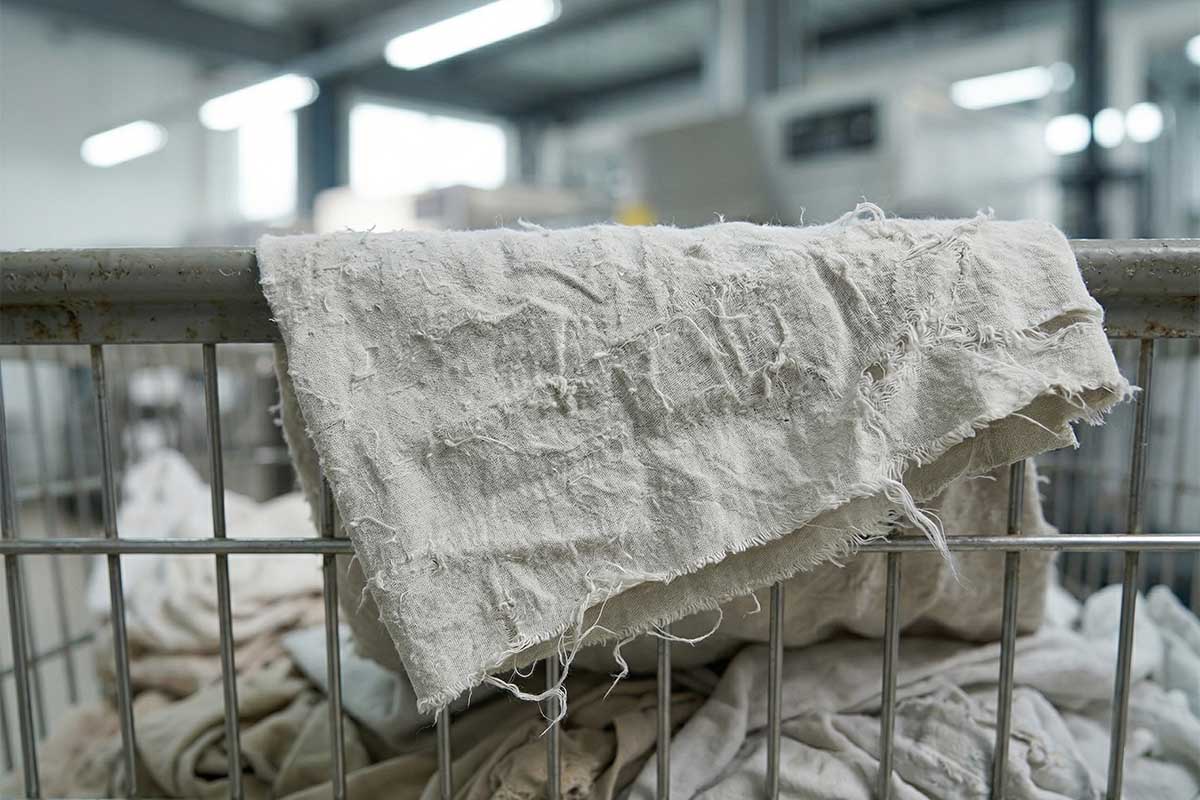 Cận cảnh vải chăn ga bị sờn rách và hư hỏng nặng do giặt tẩy quá mức.