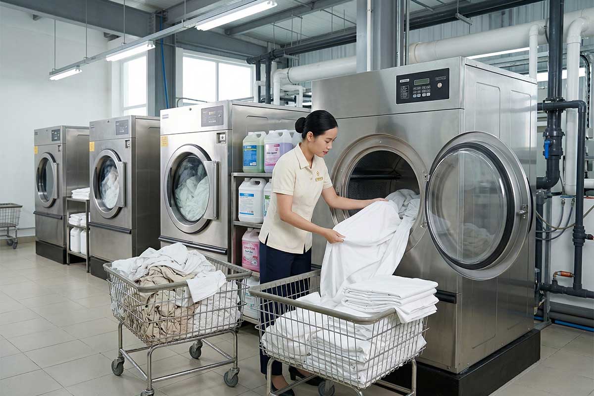 Quy trình giặt chăn ga trắng bằng máy giặt công nghiệp tại Đà Nẵng.