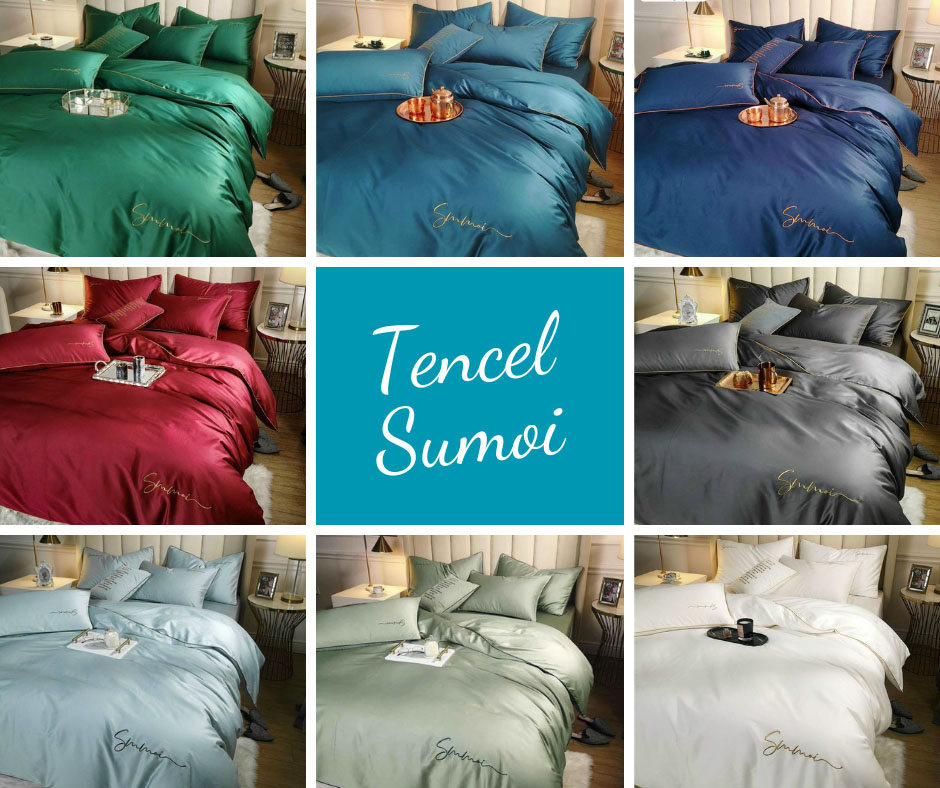 Bộ chăn ga gối Tencel Sumoi với lớp vải óng ánh mang đến sự sang trọng.