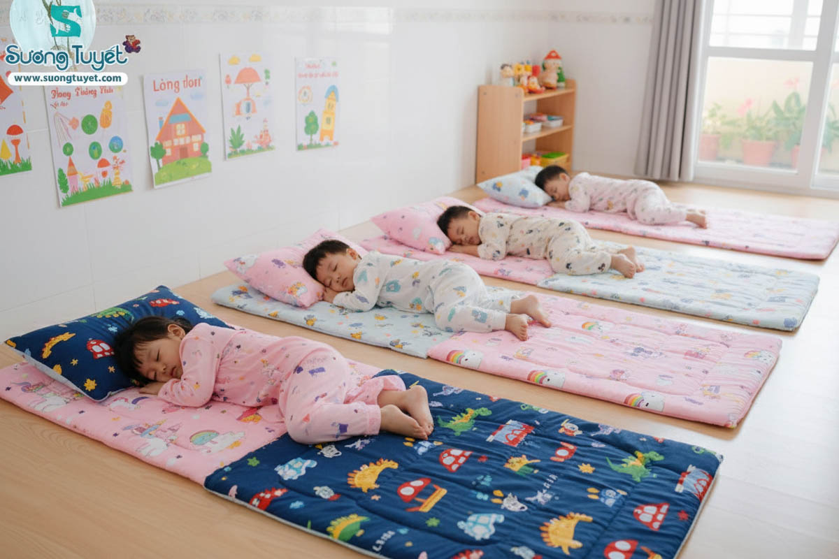 Sương Tuyết may chăn ga, túi ngủ trường học cho bé.