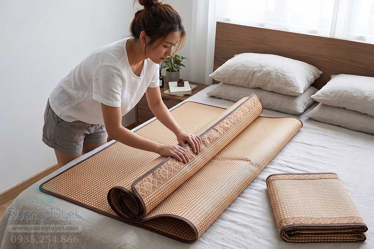 Chiếu mây có thiết kế mỏng nhẹ, dễ dàng gấp gọn và di chuyển cực kỳ tiện lợi.