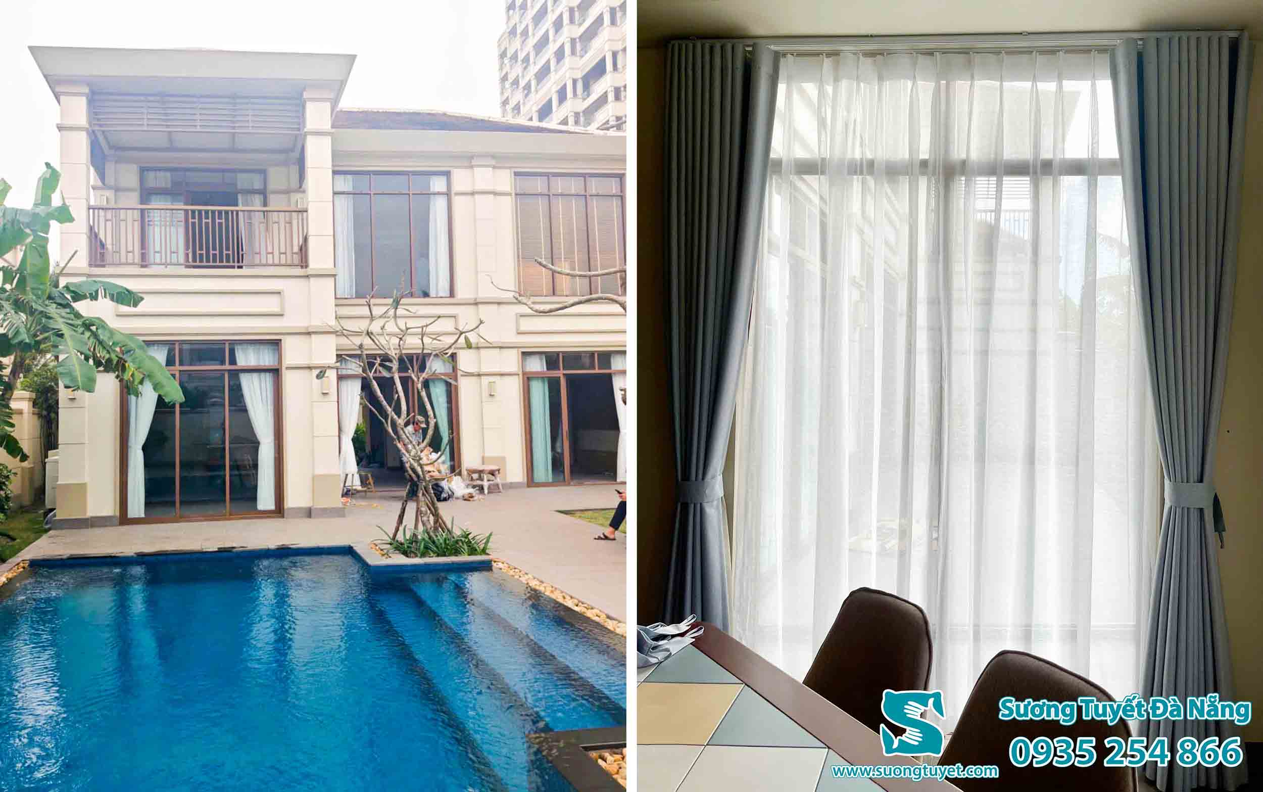 Rèm cửa 2 lớp cao cấp màu xám và trắng hiện đại.