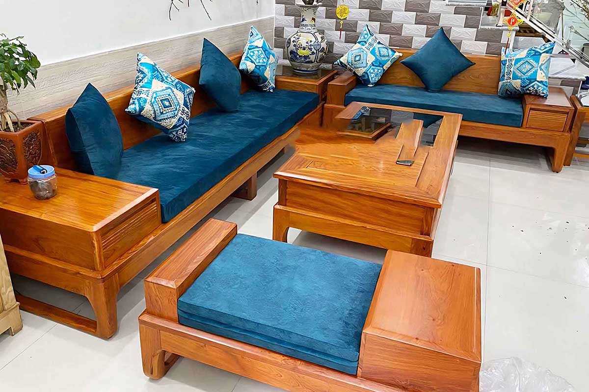 Bộ đệm ghế vải nhung màu xanh ngọc hoàn thiện đẹp mắt.