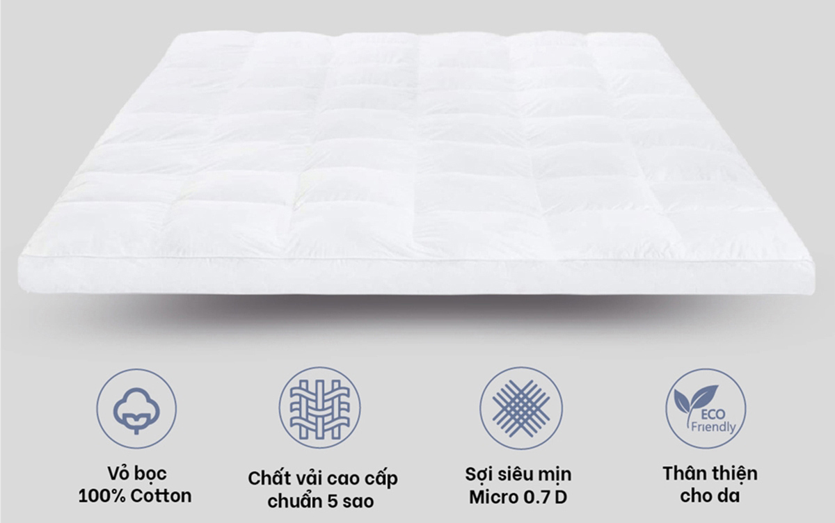 Topper lông vũ mềm mịn, dễ giặt và cuộn trong lồng máy.