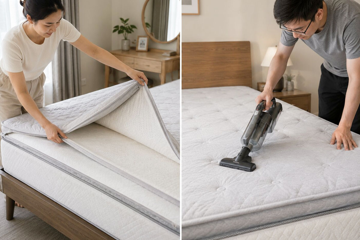 Hút bụi để làm sạch vết bụi trên topper.