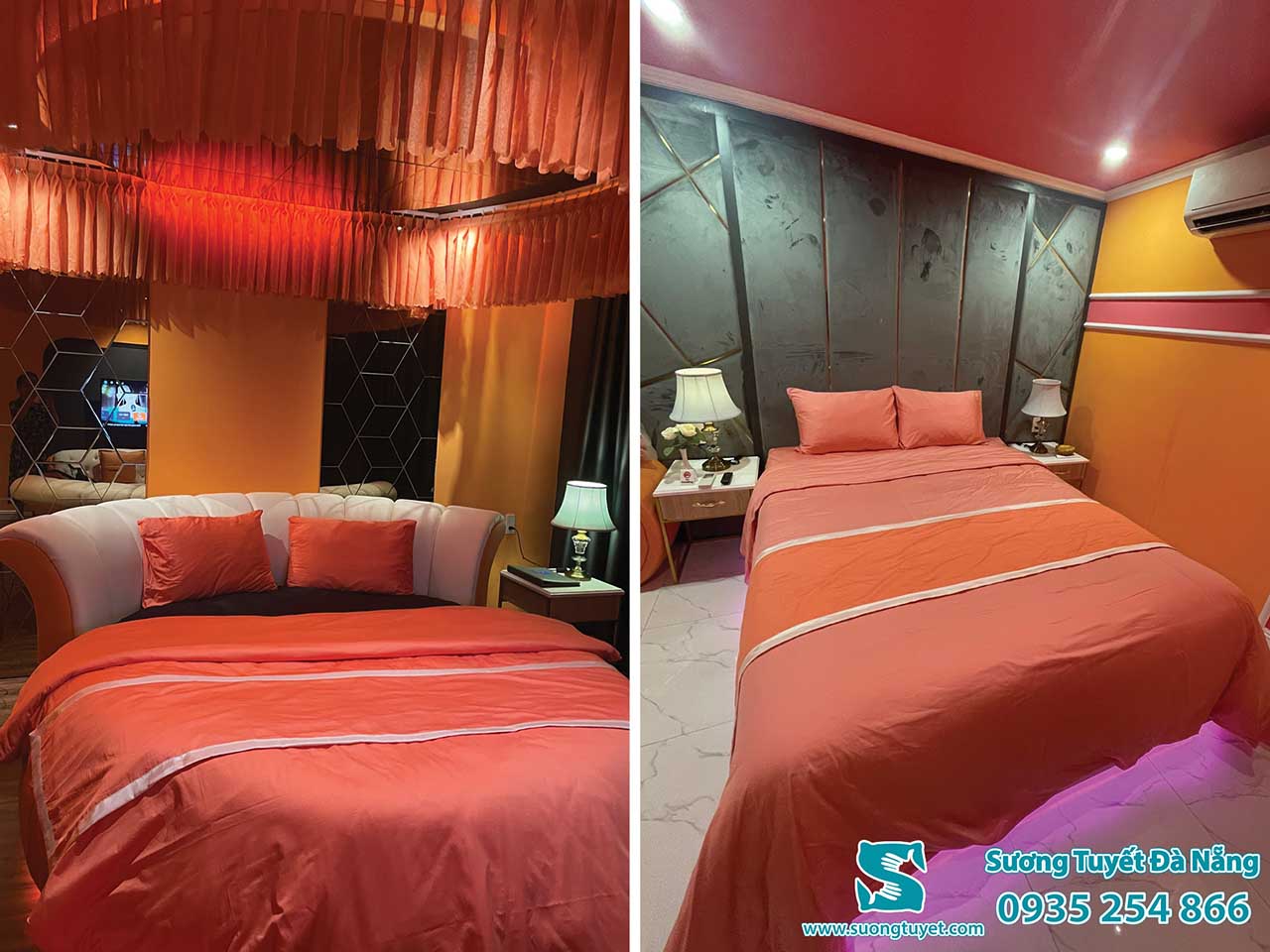 Chăn ga màu cam tuyệt đẹp tại khách sạn tình yêu Chiic House Đà Nẵng.