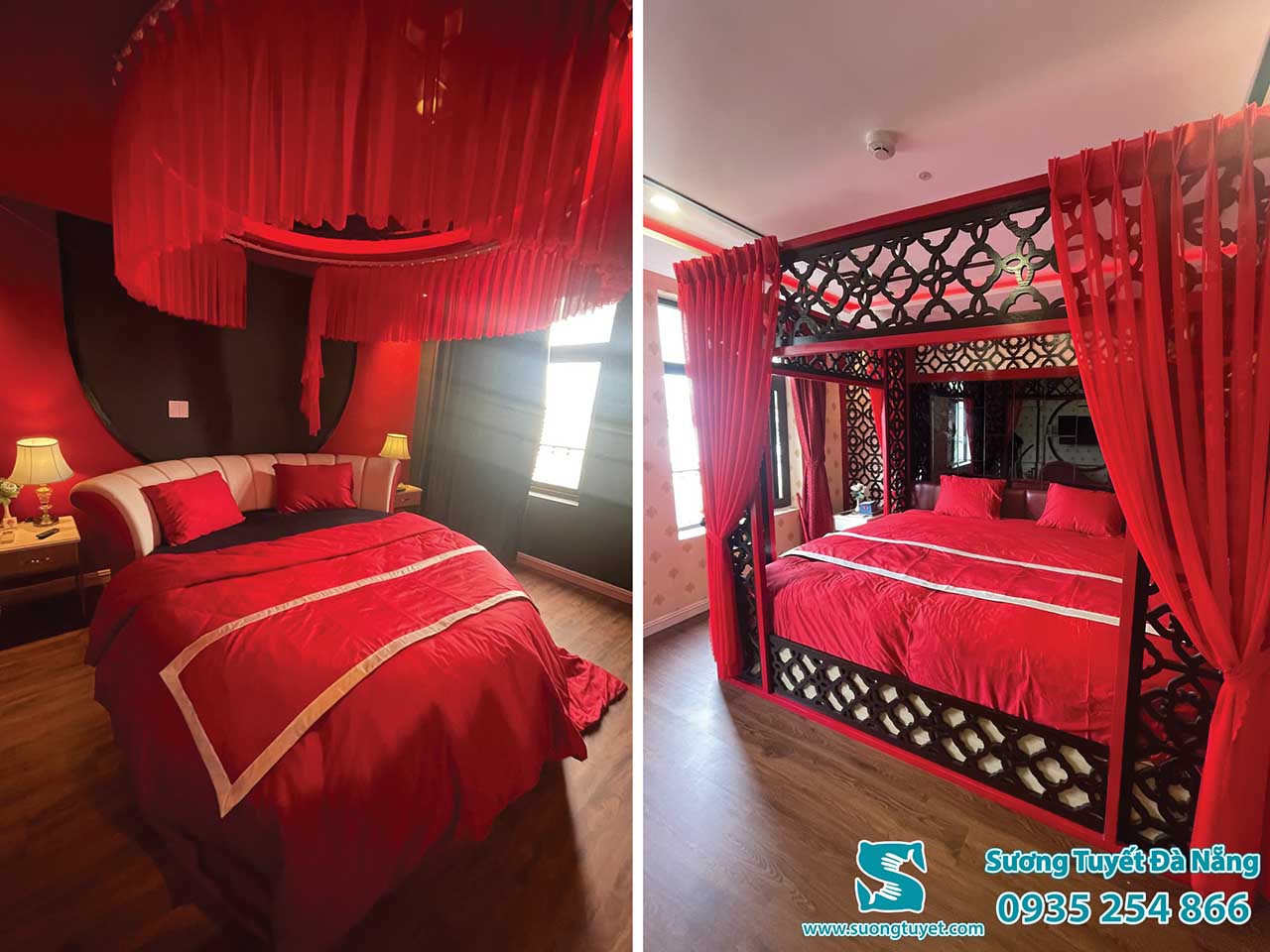 Chăn ga màu đỏ Sương Tuyết giao khách sạn tình yêu Chiic House Đà Nẵng.