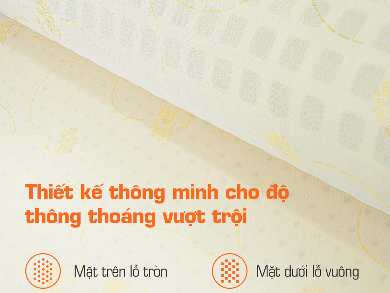 Nệm cao su thiên nhiên có lỗ vuông định hình nệm và lỗ tròn thoáng khí.