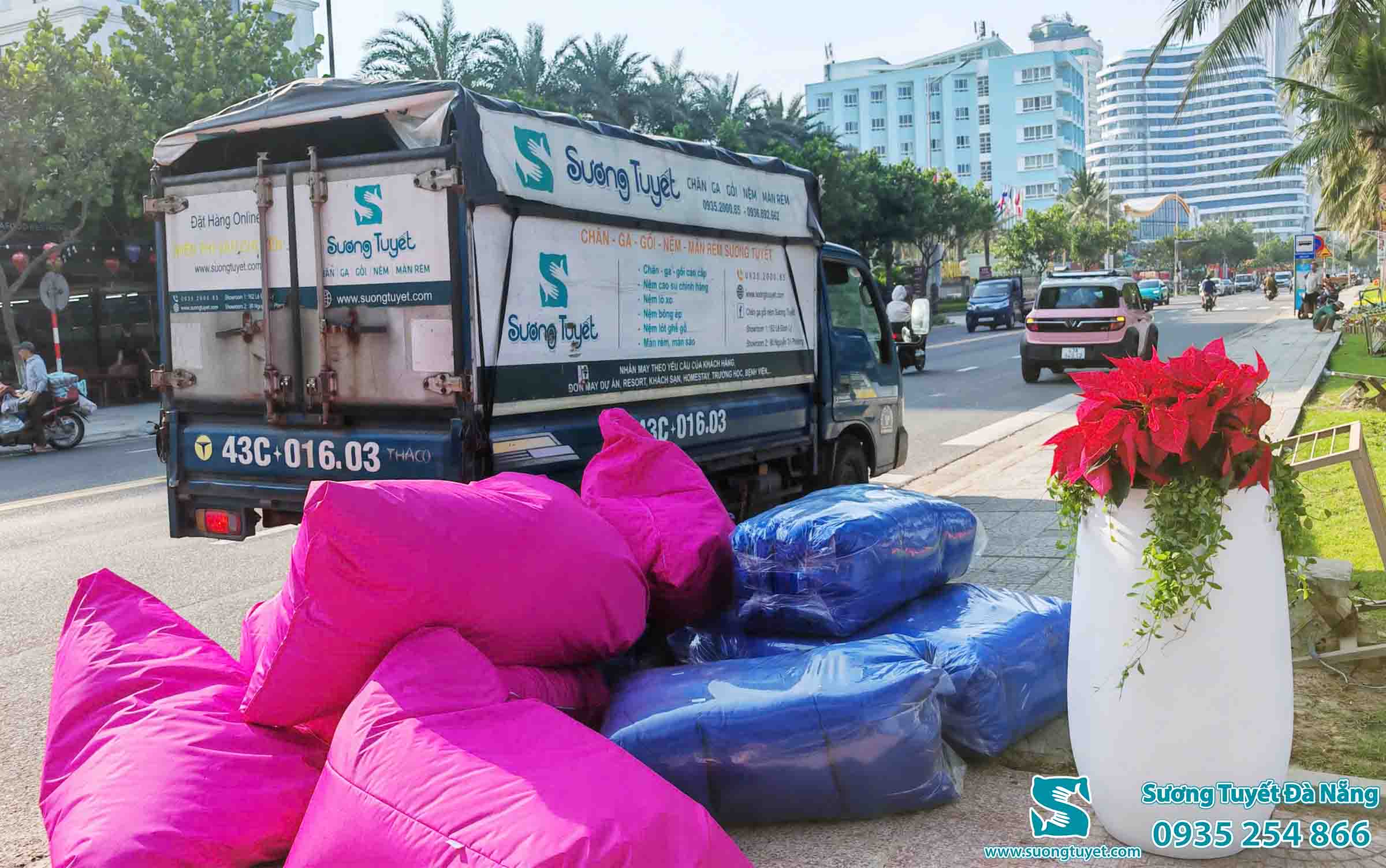 Sương Tuyết bàn giao ghế lười và gối cho khách.