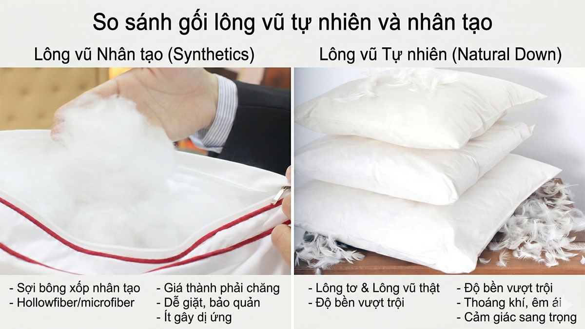 So Sánh Gối Lông Vũ Tự Nhiên Và Gối Lông Vũ Nhân Tạo, Nên Mua Loại Nào?
