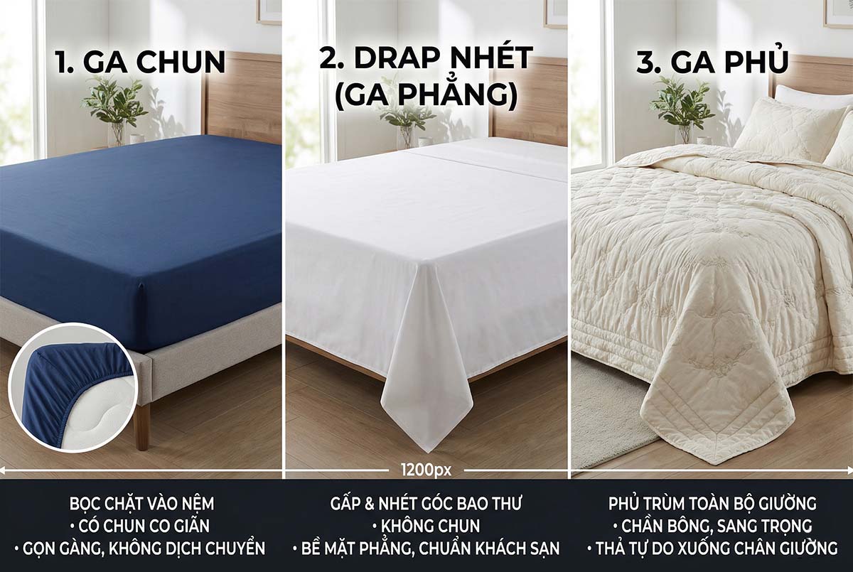 Phân Biệt Ga Chun, Drap Nhét Và Ga Phủ, Loại Nào Sang Trọng Hơn?
