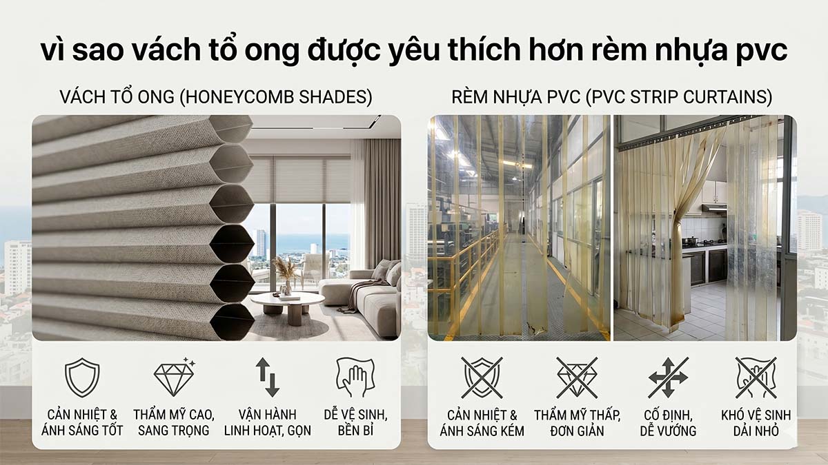 Vì Sao Vách Tổ Ong Được Yêu Thích Hơn Rèm PVC Dù Cùng Ngăn Lạnh?