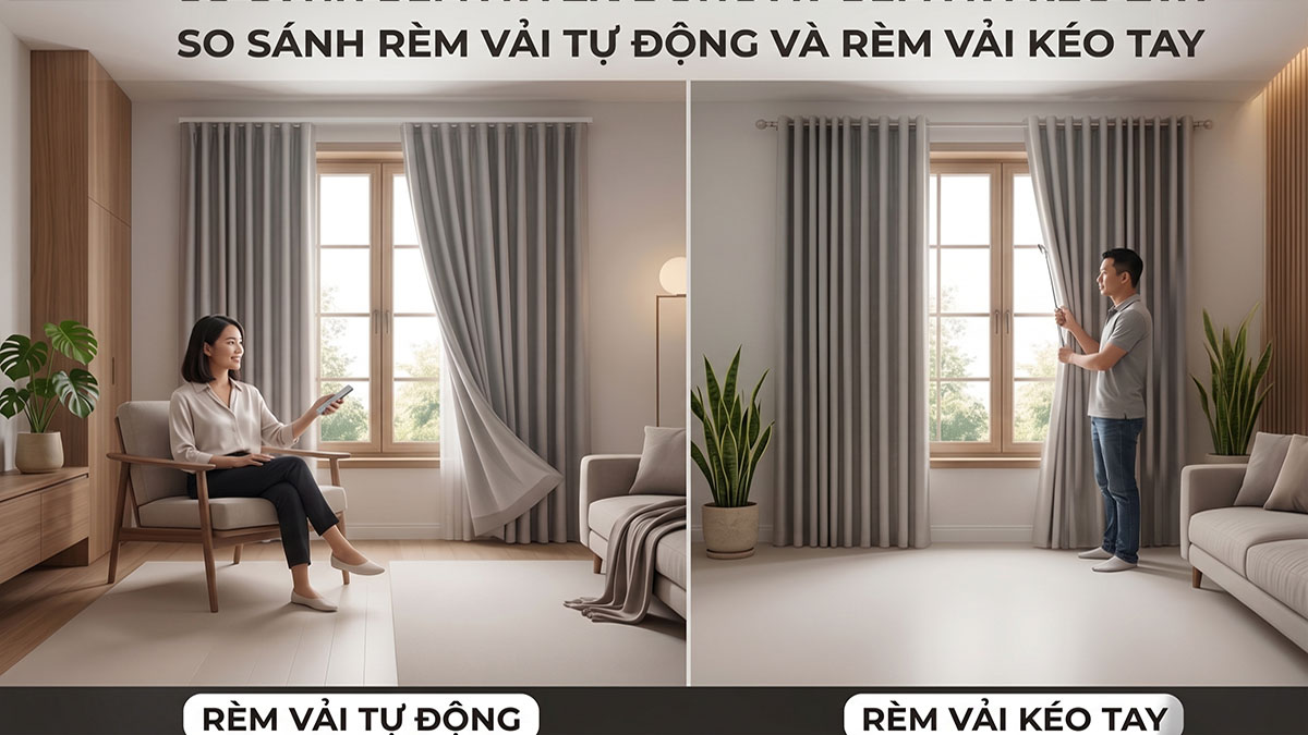 So Sánh Rèm Vải Tự Động Và Kéo Tay